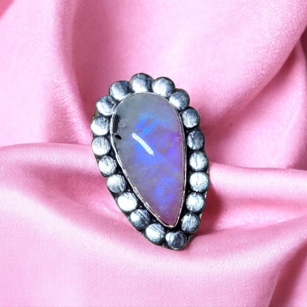 Pink Rainbow Moonstone Size 8 Hand Crafted 925 Sterling Silver Overlay